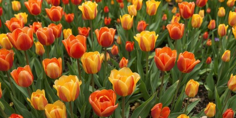 Vibrant red, yellow, and orange tulips blooming in spring garden, yellow, blossom, fresh
