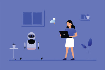 A futuristic woman efficiently manages her schedule using a sleek, personalized robot assistant, showcasing advanced AI integration in daily life.
