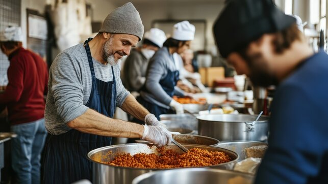 Man prepares food in a large kitchen setting for charity
