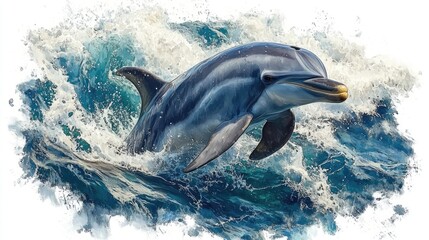Fototapeta premium Striped dolphin leaping from ocean waves.