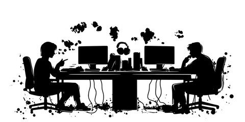 Gamers discussing strategies while exploring a vast game world and developing characters, Digital Art