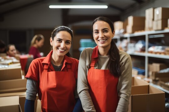Two women wearing red aprons working in a food bank warehouse sorting through donations