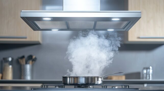 Exhaust fan operating on an electric hood, removing cooking fumes from a sizzling pan in a commercial kitchen setting.