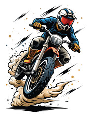 A biker executes a powerful wheelie, kicking up a massive dust cloud on a dirt track.  Sun-drenched scene, dynamic action shot.