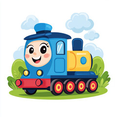 Cute cartoon train with smiling face, surrounded by greenery. Perfect for children themes and playful designs