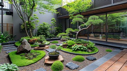 Tranquil Japanese garden featuring rocks, moss, and bonsai trees for relaxation and contemplation.