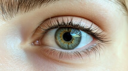 Obraz premium Eye with fluttery eyelash extensions, reflecting soft natural light, and flawless skin in the background.