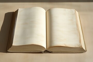 An open, blank antique book rests on a light beige surface, bathed in sunlight.