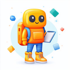 Fototapeta premium cheerful orange robot character with backpack, holding notebook, surrounded by colorful geometric shapes