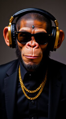 Obraz premium A monkey wearing sunglasses and a gold chain necklace is wearing headphones
