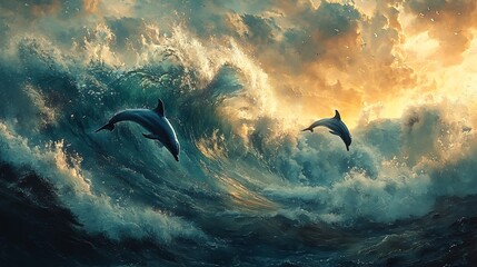 Obraz premium A dynamic view of dolphins surfing the waves, their sleek bodies catching the morning light, water splashing vividly around them, creating an energetic and naturalistic scene,