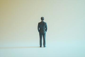 Fototapeta premium A miniature businessman stands alone, facing away, against a muted background, symbolizing solitude or contemplation.
