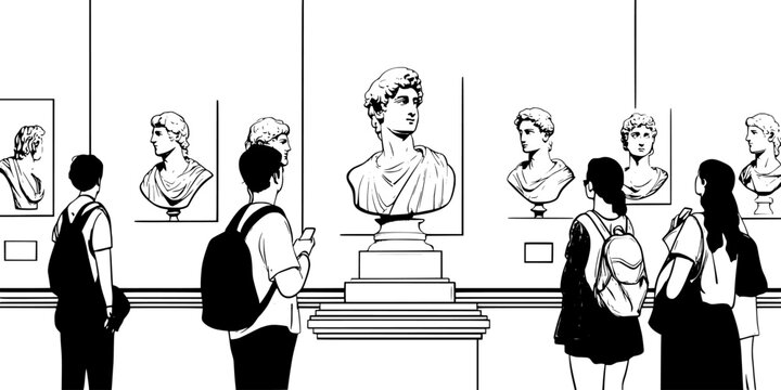 Tourists examining famous sculptures in a renowned art museum during a guided tour, Digital Art