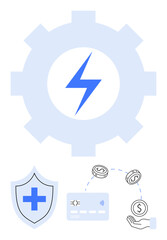 Gear with lightning bolt, healthcare shield, credit card transaction, money and hand icons. Ideal for technology, healthcare, finance, insurance payment systems energy digital transactions. Line