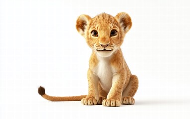 A 3D lion cub sitting with playful features, oversized expressive eyes, and a fluffy tail on a bright white background