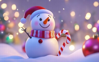 Snowy fun - Cute snowman with scarf and candy cane in a vibrant holiday setting