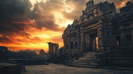 Fototapeta premium Ancient Temple at Sunset: A Majestic Scene of History and Nature
