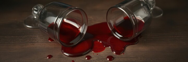 Crimson wine spills from overturned glasses, staining a dark wood surface, cabernet,alcohol