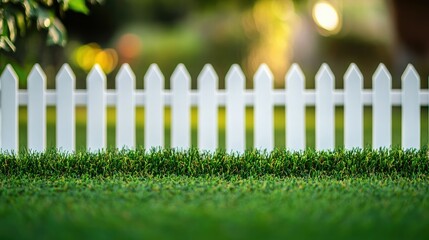 Fototapeta premium Green artificial turf rolls neatly up to a classic white picket fence in a suburban garden.
