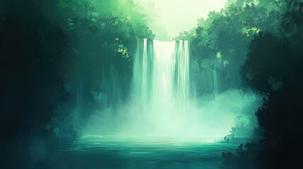 Serene Waterfall Cascading Through Lush Green Forest