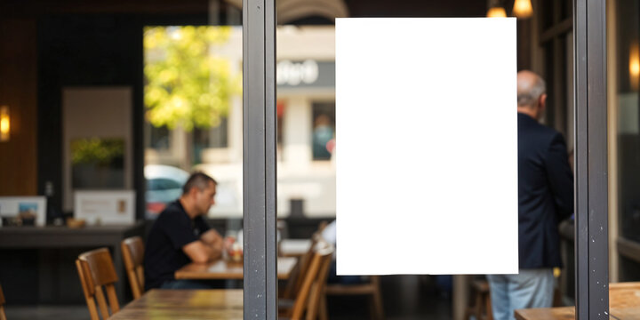 Blank poster billboard template. Blank Sign Label and Placard attached to the window glass. mockup billboards and various promotions for stores and restaurants.