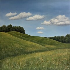 Obraz premium Rolling green hills under a bright blue sky with white clouds.