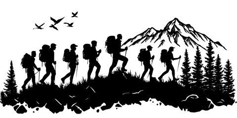 A group climbing a mountain trail during a guided eco-tour focused on conservation, Vectorized Art