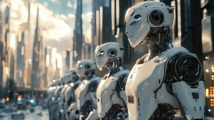 Fototapeta premium A Line Of Advanced Robots Stands In A Futuristic City
