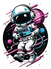 A cute chibi astronaut, wearing a helmet, floats in space joyfully holding a retro cassette tape.  Starry background.