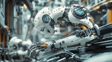 Fototapeta premium Advanced Robot Inspecting Automotive Production Line