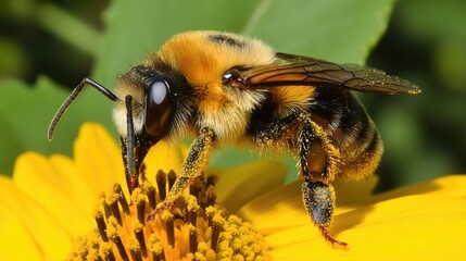 A hairy bee collecting pollen from a yellow flower