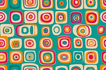 A vibrant pattern featuring colorful concentric squares on a teal background, creating a lively and playful design.