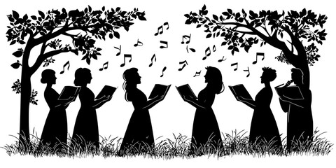 Vocal ensemble performing at a charity concert in a park, Vectorized Art