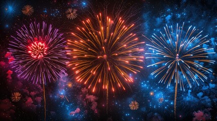 Fototapeta premium Vibrant fireworks display lighting up the night sky in various colors.