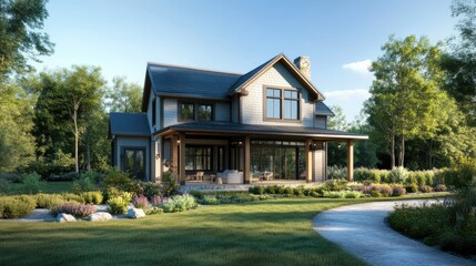 Luxury Lakeside Farmhouse Architectural Rendering