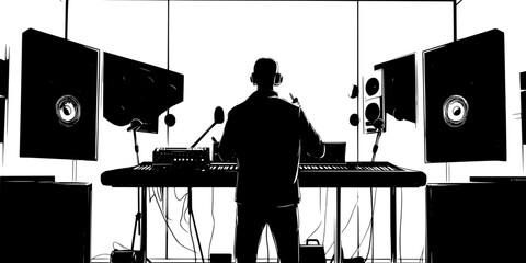 An individual using props to replicate realistic sounds within a soundproof studio environment, Vectorized Art