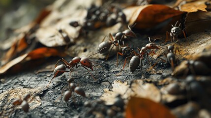 Fototapeta premium A Colony Of Ants Crawling On Decaying Leaves