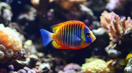 Vibrant Colorful Fish Swims in Coral Reef Habitat