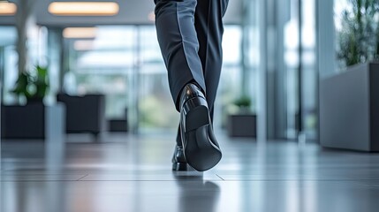 Fototapeta premium Man walking in tailored trousers and black formal shoes on a sleek office floor, emphasizing professionalism.
