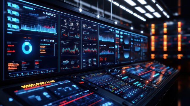 Futuristic control room with multiple displays showing financial data, 