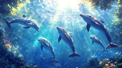 Fototapeta premium A pod of dolphins swimming gracefully in crystal-clear blue ocean water, sunlight streaming through the surface, illuminating their sleek bodies, captured in mid-motion, dynamic and vibrant,