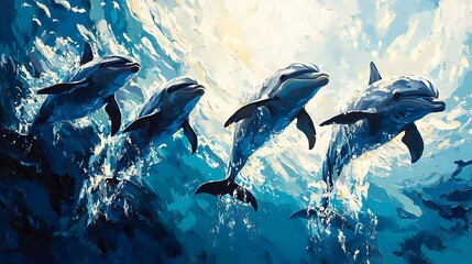 Obraz premium A pod of dolphins swimming gracefully in crystal-clear blue ocean water, sunlight streaming through the surface, illuminating their sleek bodies, captured in mid-motion, dynamic and vibrant,