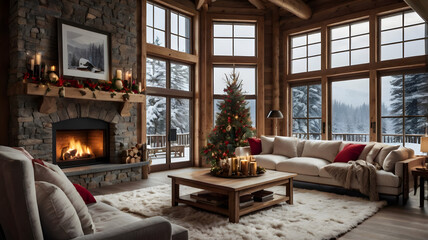 Cozy Cabin Christmas: A rustic living room, bathed in the warm glow of a crackling fireplace and a decorated Christmas tree, offers a serene winter escape.