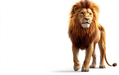 Obraz premium A proud adult lion standing tall with a flowing stylized mane, detailed fur, and a confident cartoonish look on a bright white background