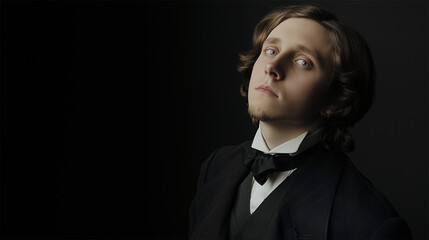 AI-generated facial reconstruction of Lewis Carroll, based on a historical photograph from 1855, featuring a Victorian-era author with formal attire and a composed expression.  
