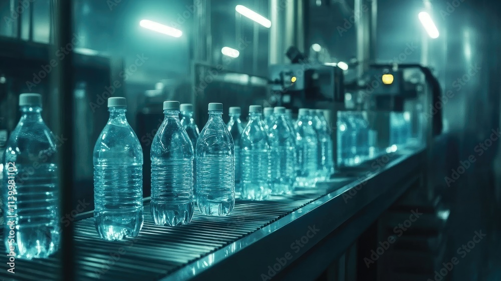 Canvas Prints modern water bottling line with transparent plastic bottles moving on a conveyor belt under automate