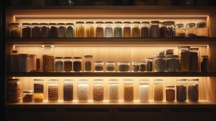 Fototapeta premium Organized pantry shelves filled with various dry goods in glass jars