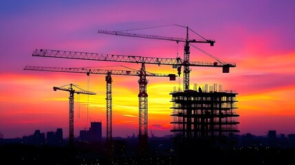 12. A construction site at sunset, with silhouettes of workers and machinery against a vibrant sky