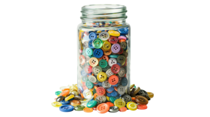 Colorful collection of assorted buttons in a glass jar with a vibrant backdrop showcasing creativity in crafts