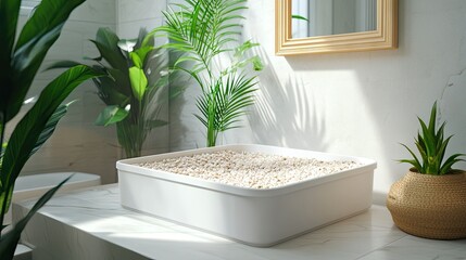 Open litter box with a mix of regular and silica gel litter, showcased in a clean environment.